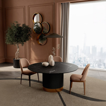 Mesa de comedor Dobos de la firma Encore italia, con base canneté, en lacado azul grisaceo y detalle en oro. 2