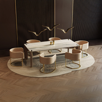 Mesa de comedor Horus con tablero de mármol, patas en madera y detalles metálicos. 2