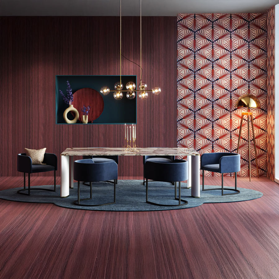 Mesa de comedor Horus en vista de ambiente con sillas modelo C-chair en tapizado azul