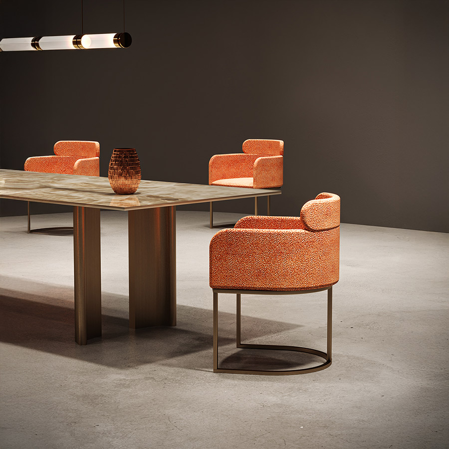 Silla B-chair en vista de ambiente con mesa Tori con sobre de mármol.