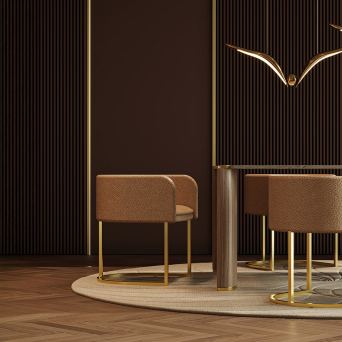 Silla C-Chair de la firma Encore Italia con asiento curvado tapizado en tono berenjena y estructura metálica curvada 2