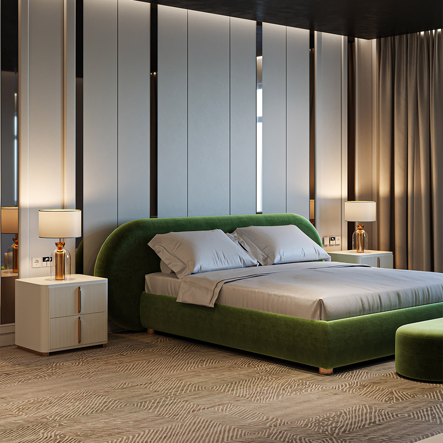 Cama Nuvola de Encore en esmeralda en vista de ambiente con banquito a conjunto y mesitas de noche Echo blancas.