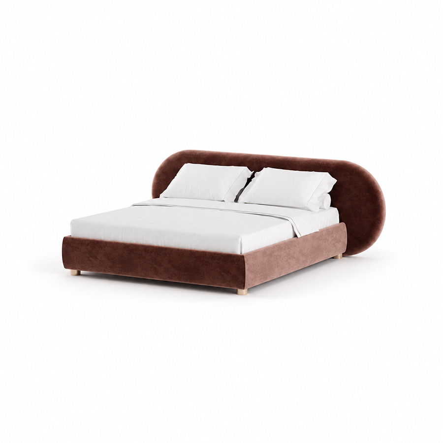 Cama Nuvola de Encore Italia con base y cabezal ovalado y  tapizado