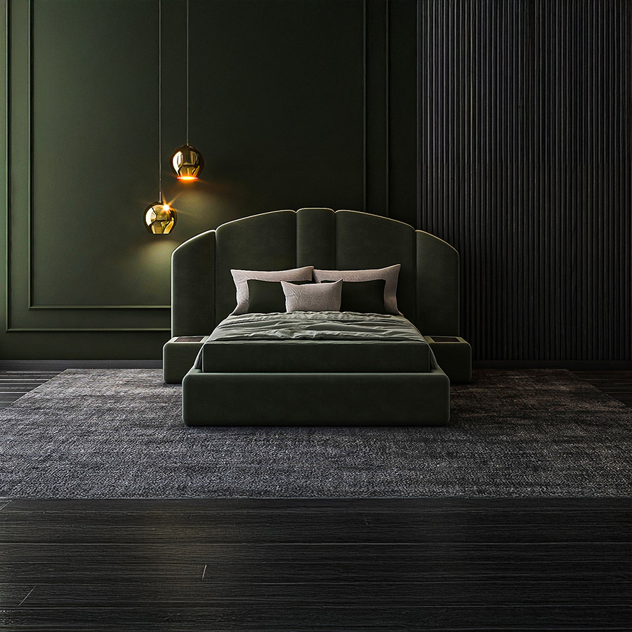 Cama Concept 01 con tapizado verde esmeralda con mesitas integradas y lamparas colgantes