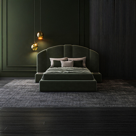 Cama Concept 01 con tapizado verde esmeralda con mesitas integradas y lamparas colgantes
