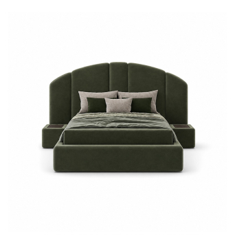 Cama Concept 01 de la firma Encore Italia en tapizado verde con bañera y mesitas de noche incluidas