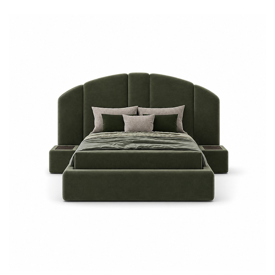 Cama Concept 01 de la firma Encore Italia en tapizado verde con bañera y mesitas de noche incluidas
