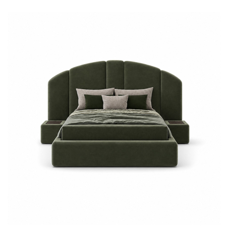 Cama Concept 01 de la firma Encore Italia en tapizado verde con bañera y mesitas de noche incluidas