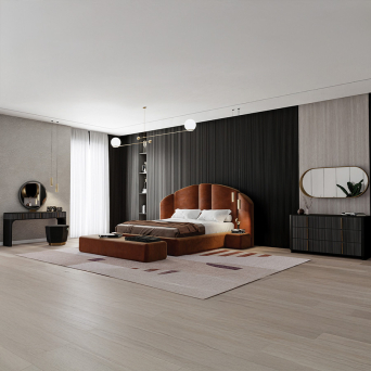 Cama Concept 01 de la firma Encore Italia en tapizado verde con bañera y mesitas de noche incluidas 2