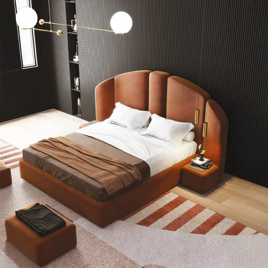 Vista detalle de la cama Concept 01 en tapizado terracota con panelado trasero en negro