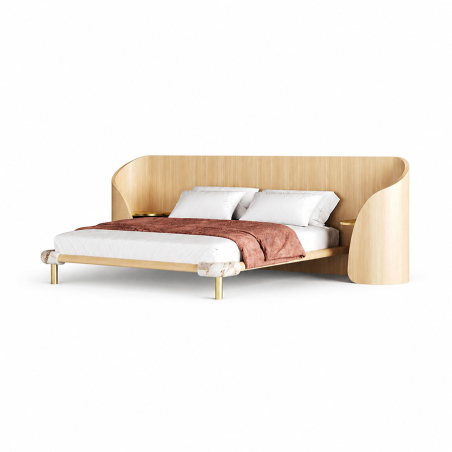 Cama cinnamon de la firma de diseño Encore Italia con cabecero curvado en madera y mesitas incorporadas