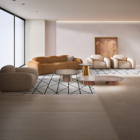 Colección de tapicería Stone con sofá y sillones y mesitas de centro modelo Tholos