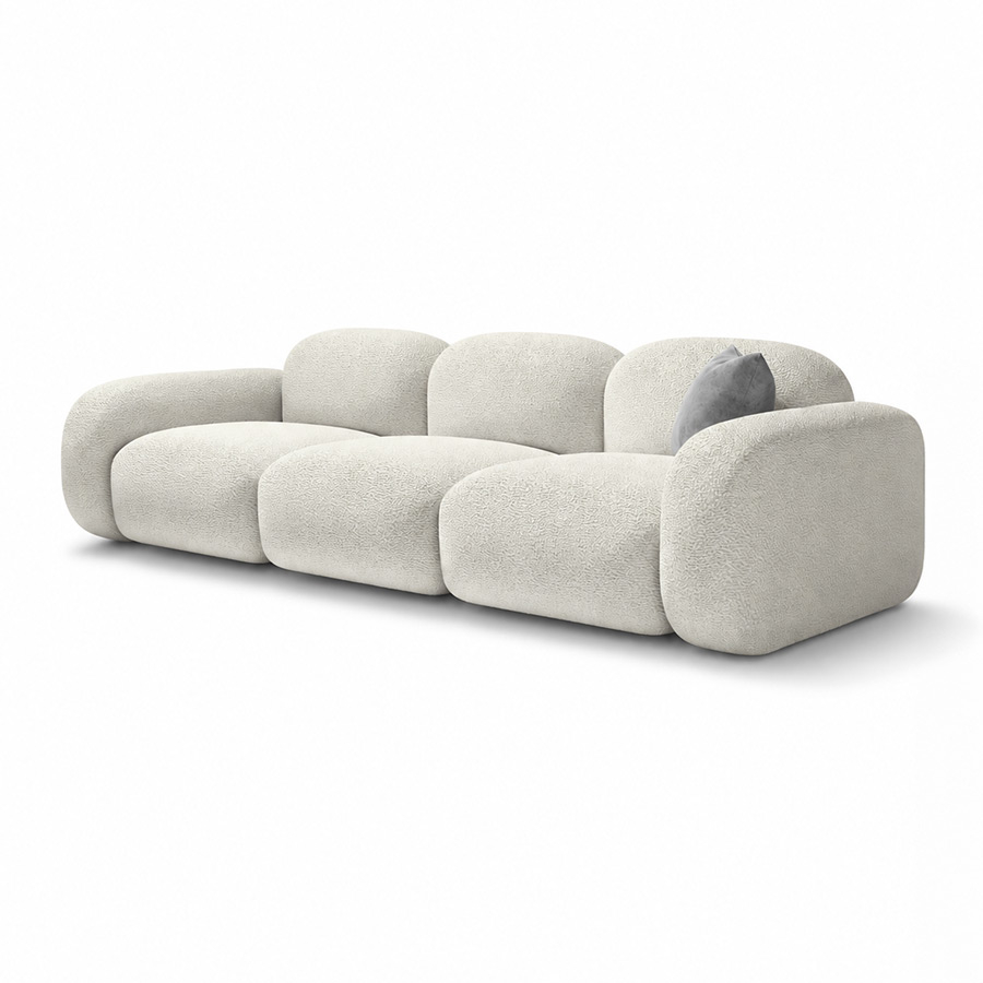 Sofá Stone de la firma de diseño Encore Italia, de diseño curvado con respaldos y brazos efecto nube y tapizado blanco