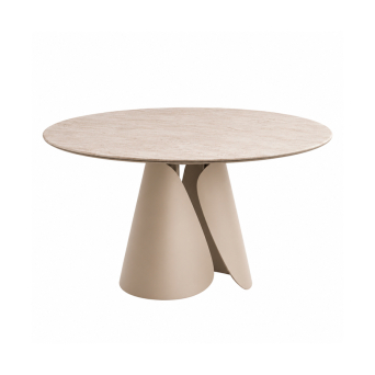 Mesa Tango redonda extensible, con base de metal en color beige y sobre cerámico