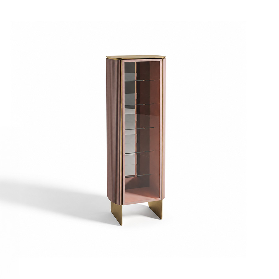 Vitrina Dobos de la firma italiana Encore Italia en lacado rosa salmón con 5 estantes y puerta de cristal.