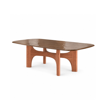 Mesa comedor Nogu con base en madera maciza de fresno y encimera de vidrio espatulado
