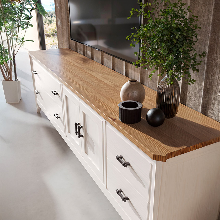 Mueble de Tv génova en blanco decapé con tapa en avena
