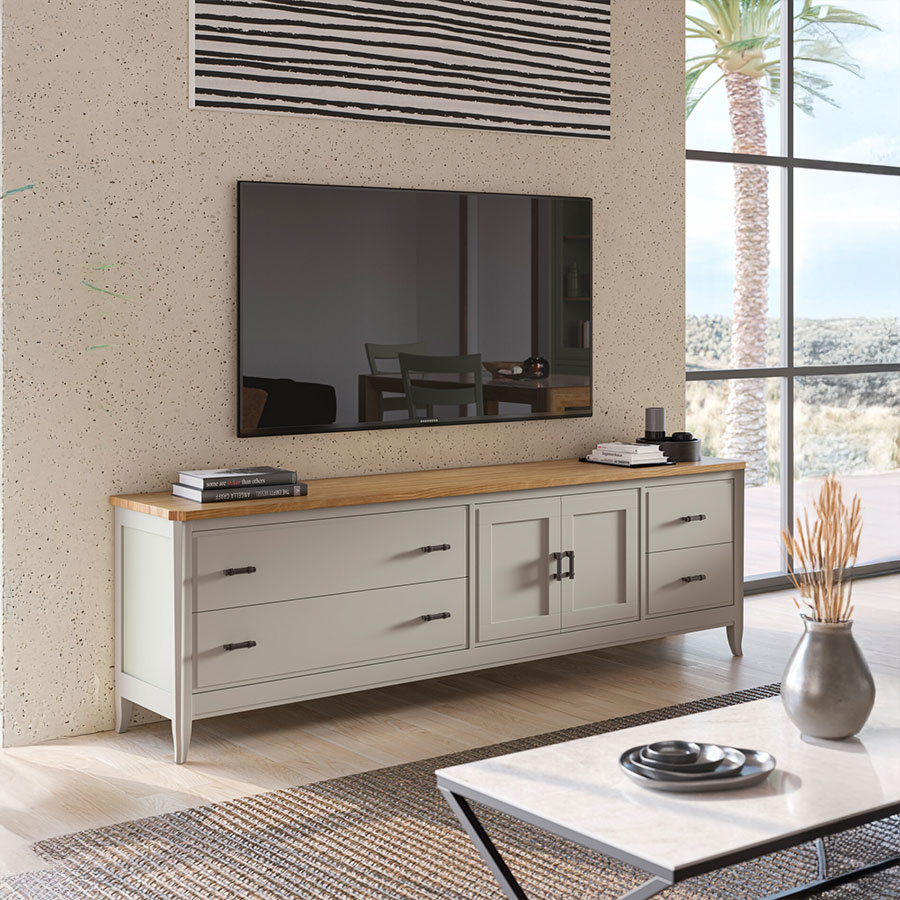 Vista frontal del mueble para tele Génova de Grupo Seys con estructura en gris sereno y tapa en avena