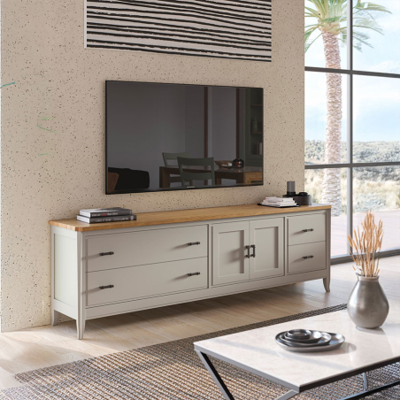 Vista frontal del mueble para tele Génova de Grupo Seys con estructura en gris sereno y tapa en avena