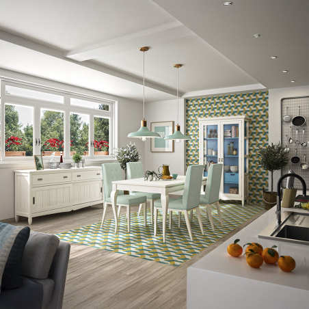 Vitrina Amberes con cajone en vista de ambiente de comedor con aparador Amberes