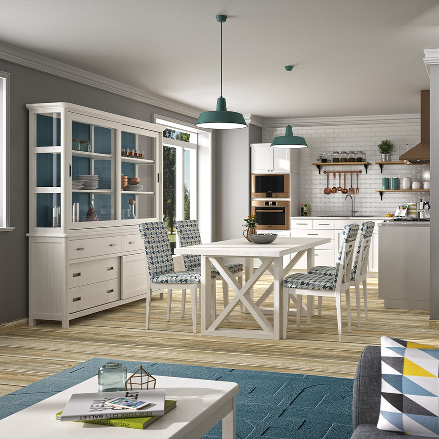 Vitrina Cerdeña CC010 con puertas correderas y múltiples cajones, en vista de ambiente de comedor-cocina
