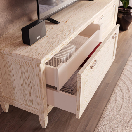 Vista detalle del mueble de televisión Amberes con cajón interior por hueco