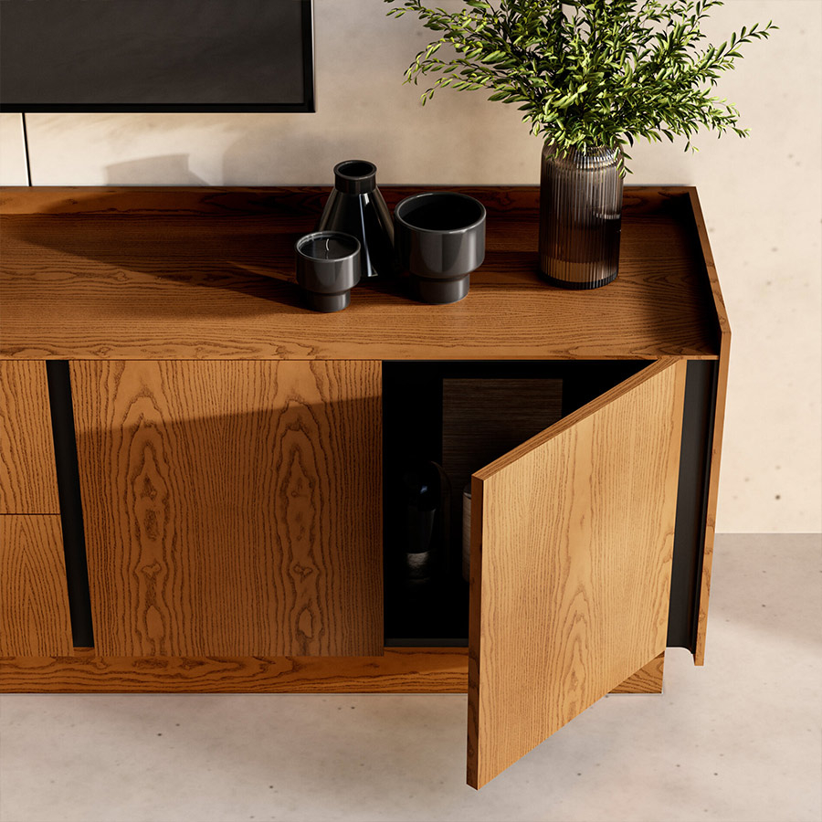 Vista detalle del mueble de televisión Praga con cajón abierto