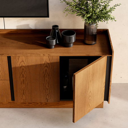 Vista detalle del mueble de televisión Praga con cajón abierto