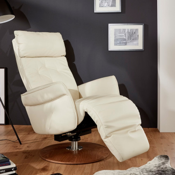 Sillón relax 7806 S-Lounger tapizado en piel color crema base redonda de madera 2