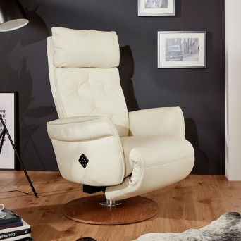 Sillón relax 7806 S-Lounger tapizado en piel color crema base redonda de madera
