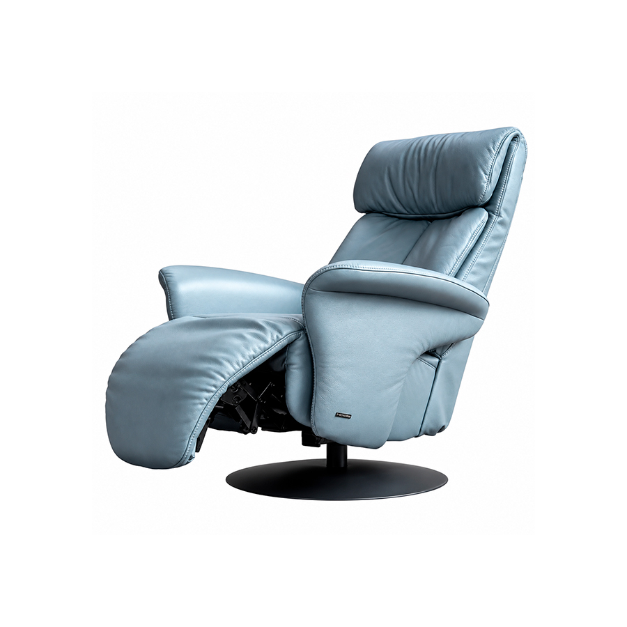 Sillón relax dos motores 7627 Easyswing de Himolla tapizado en cuero color azul plomo con base redonda antracita