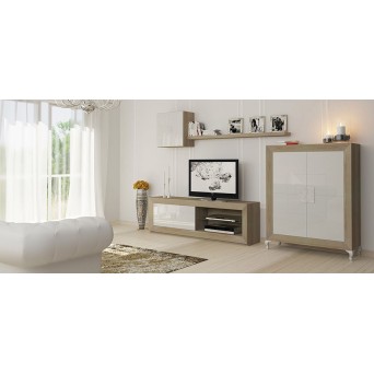 Salón Basik 1 de Costera Mobles, en chapa de madera natural y acabado roble decapé y grigio brillo 2