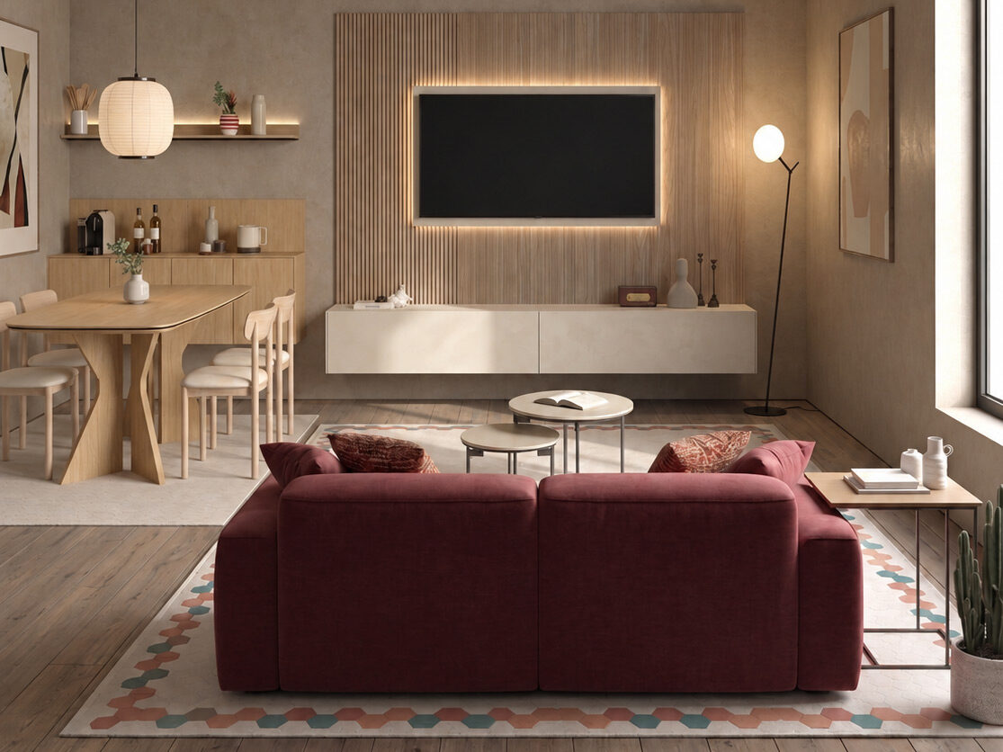 Ambiente de salón cuadrado amueblado con muebles de la marca Kazzano, Afos y Aromas del campo