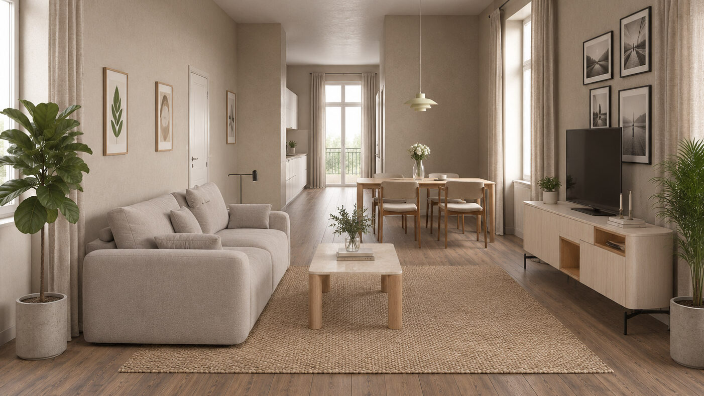 Ambiente de salón rectangular o efecto pasillo amueblado con muebles de la marca Kazzano y Reyes Ordóñez