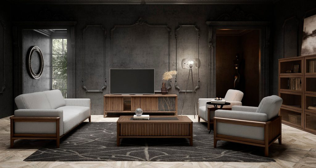 Vista de ambiente de salón de la colección Fly de Tabula Furniture