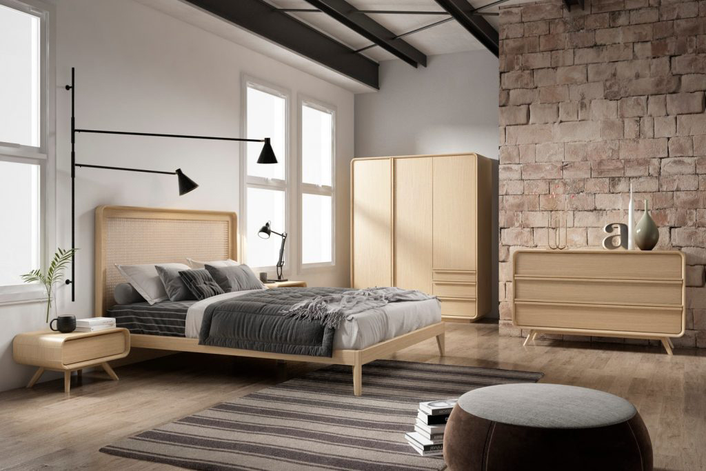 Vista de ambiente de dormitorio de la colección Kurve de Tabula Furniture
