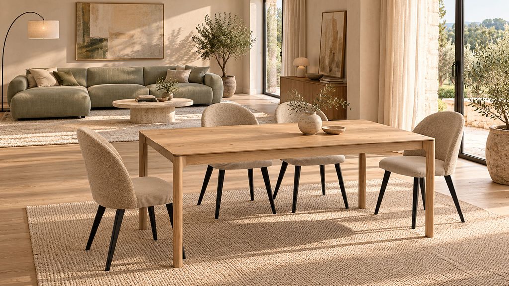Vista de ambiente comedor-salón mediterráneo con mesa Bowie, sillas Domo ND y Chaiselogue Cielo de Reyes