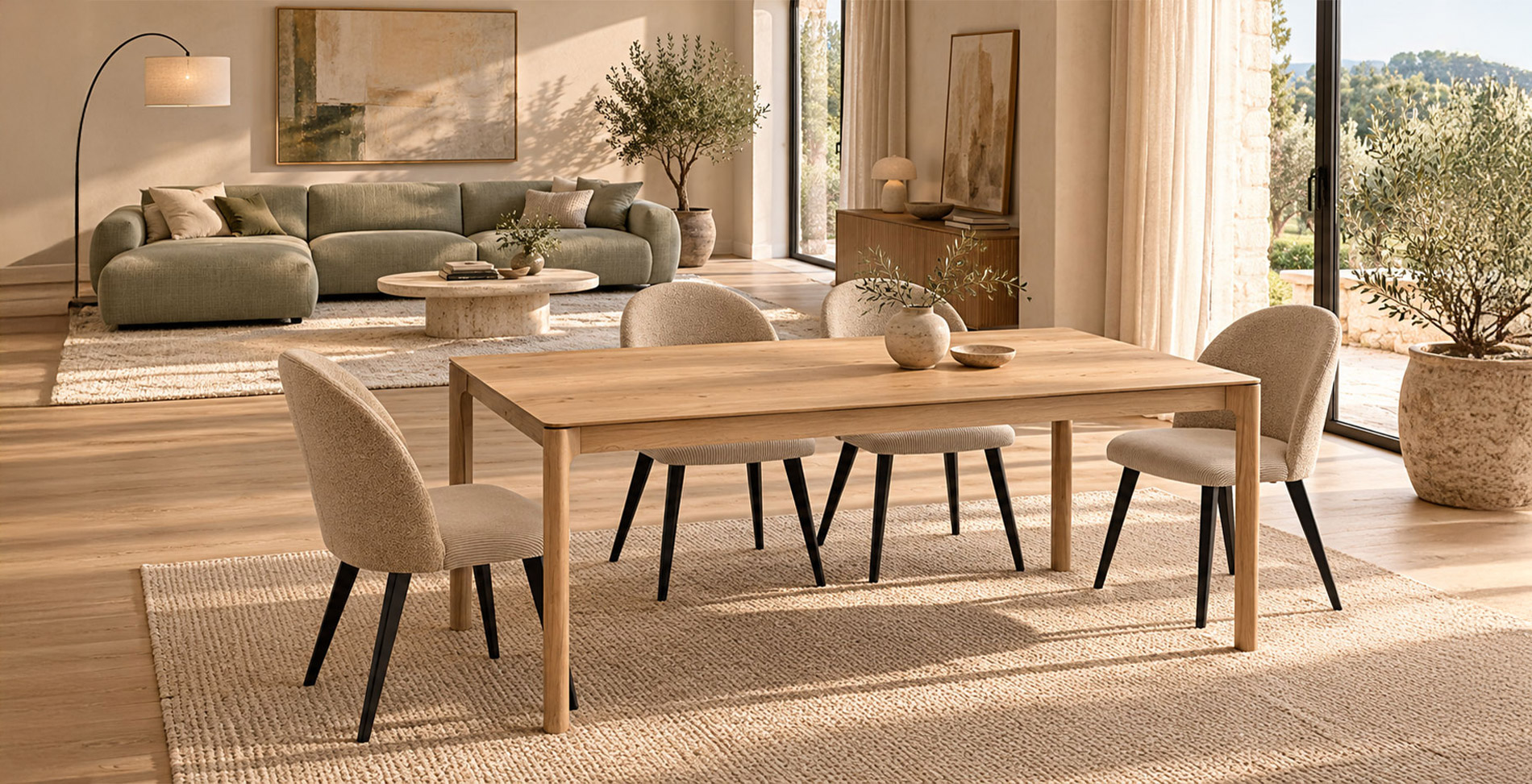 Salón de estilo mediterráneo con mesa Bowie de comedor en roble de Tábula, sillas tapizadas y chaiselongue Cielo de Reyes Ordoñez