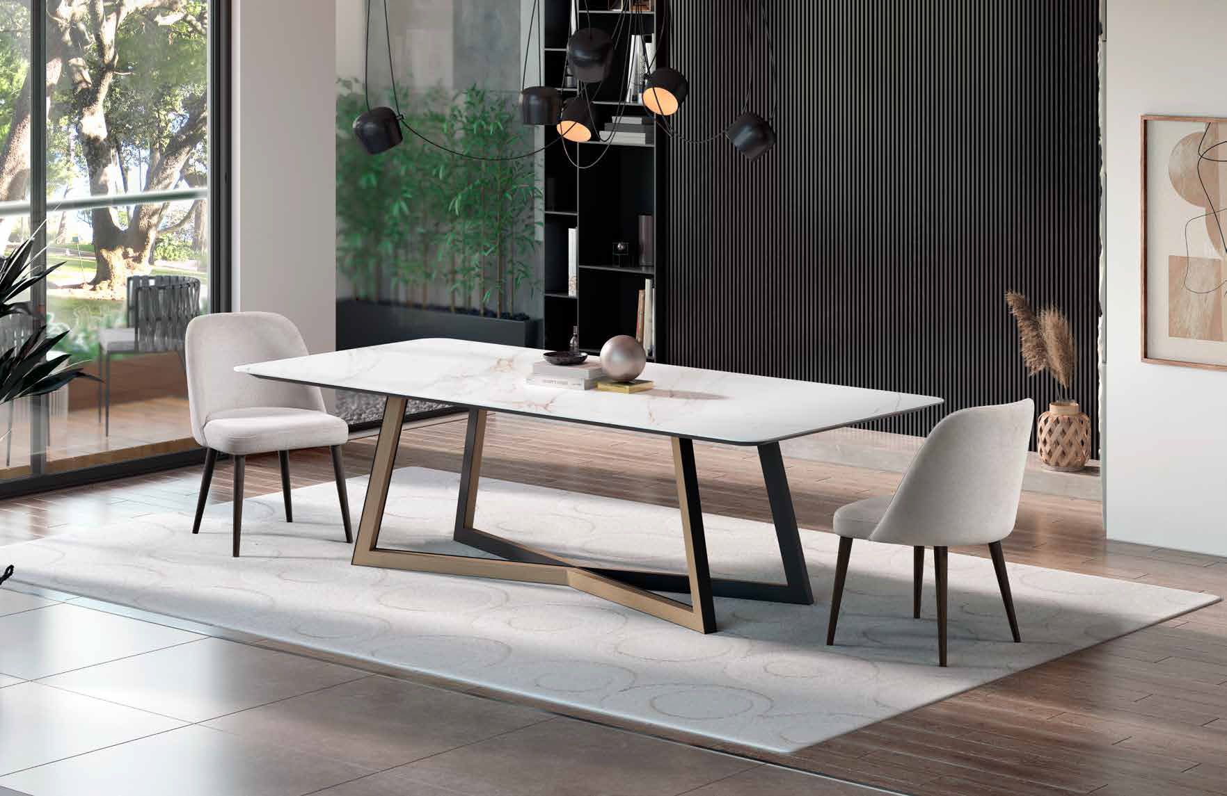 Mesa Mariland de Tabula con sobre en porcelánico Apollo y vista de ambiente con dos sillas tapizadas en blanco